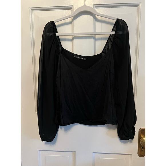 Zara Black V Neck Sheer Long Sleeve Cropped Top Going Out Blouse Women's XS Sexy - Picture 1 of 11